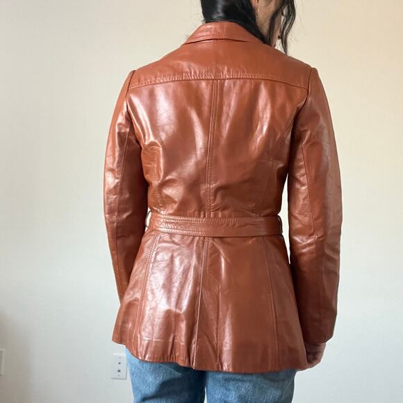 Vintage Genuine Leather Cognac button front Blazer Jacket double breasted - Picture 6 of 16